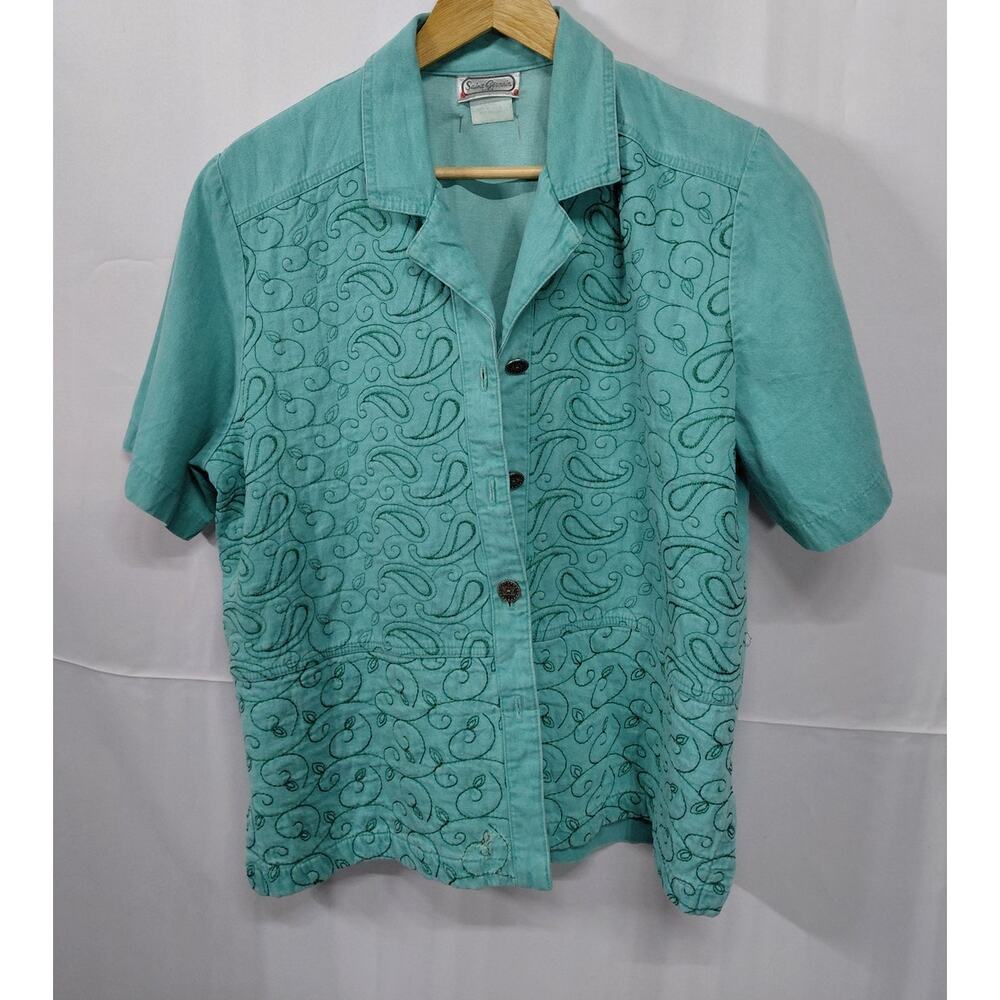 Saint Germain Embroidered Button-Up Shirt Teal Short Sleeve Collared Size L